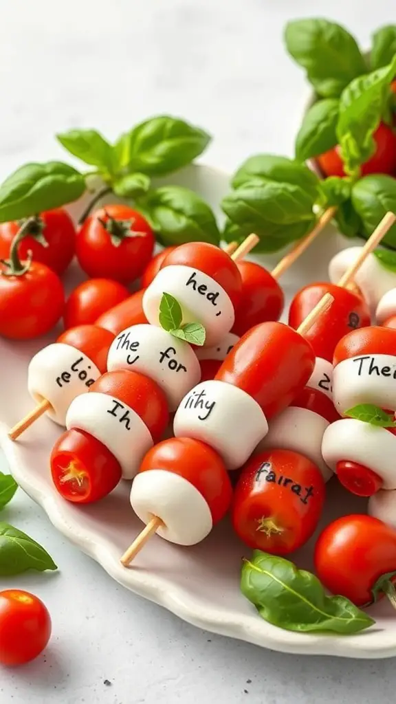 Mini Caprese skewers with cherry tomatoes, mozzarella, and basil on a plate.