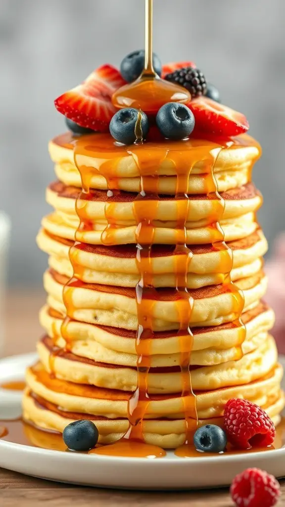 Stack of yellow cake mix pancakes topped with syrup and fresh berries