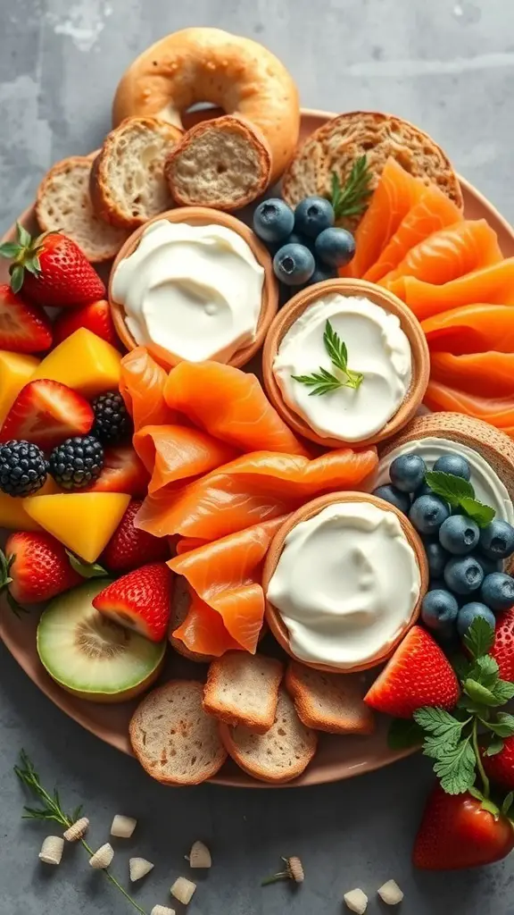 A colorful brunch charcuterie board with smoked salmon, fresh fruits, and creamy dips.