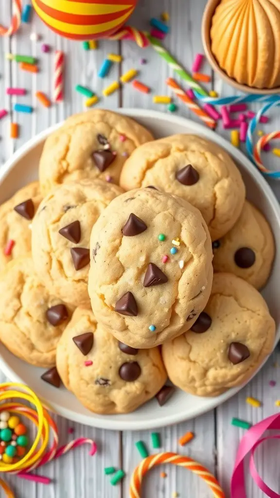 A plate of yellow cake mix cookies topped with chocolate chips and colorful sprinkles, surrounded by festive decorations.