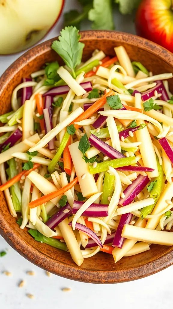 A colorful bowl of cabbage and apple slaw with various vegetables and garnished with herbs.