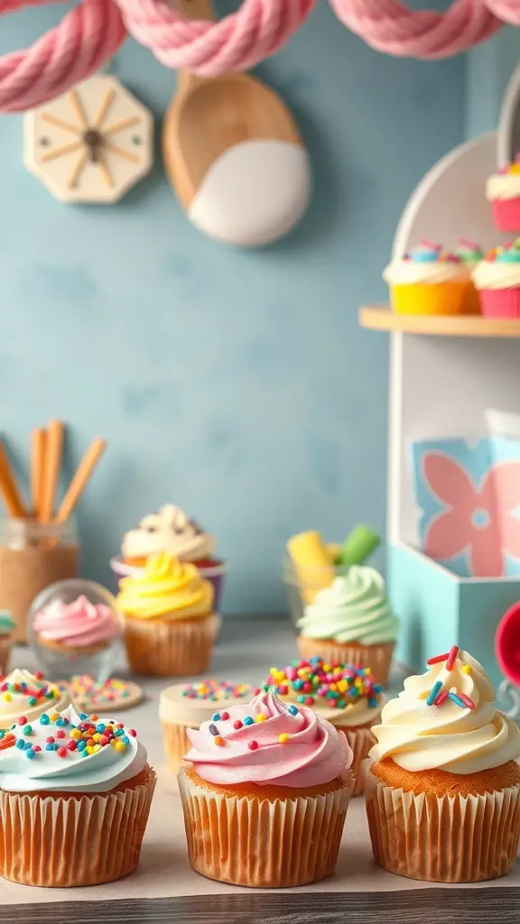 Colorful cupcakes with various frosting and sprinkles on a decorated table