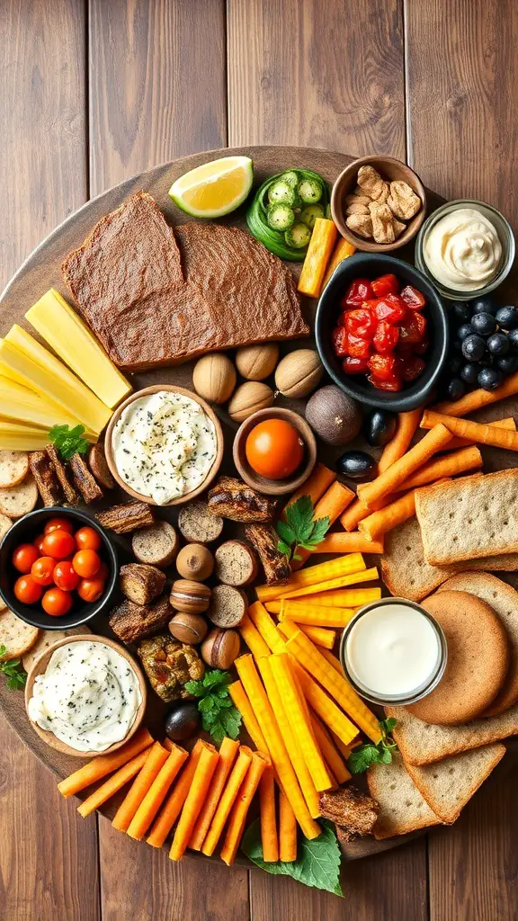 A colorful grazing board featuring various cheeses, vegetables, nuts, and dips.