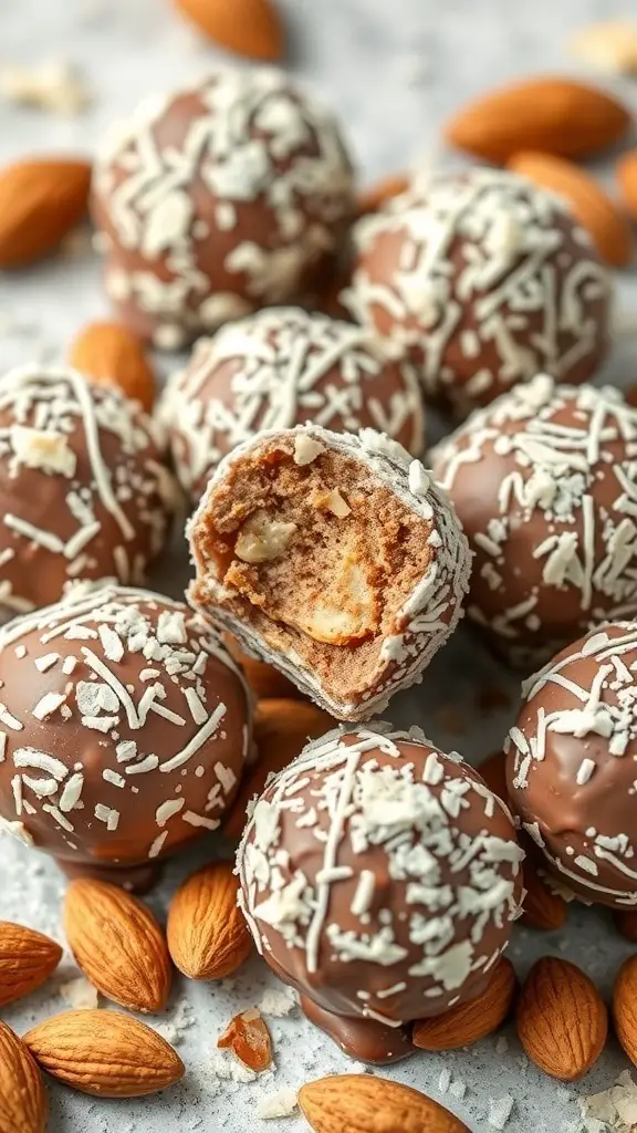 Almond Joy Protein Balls coated in chocolate with shredded coconut and almonds