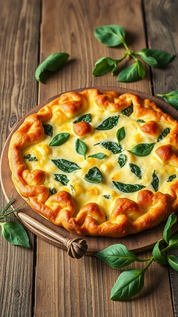 A freshly baked Ricotta and Spinach Pie on a wooden board, garnished with basil leaves.