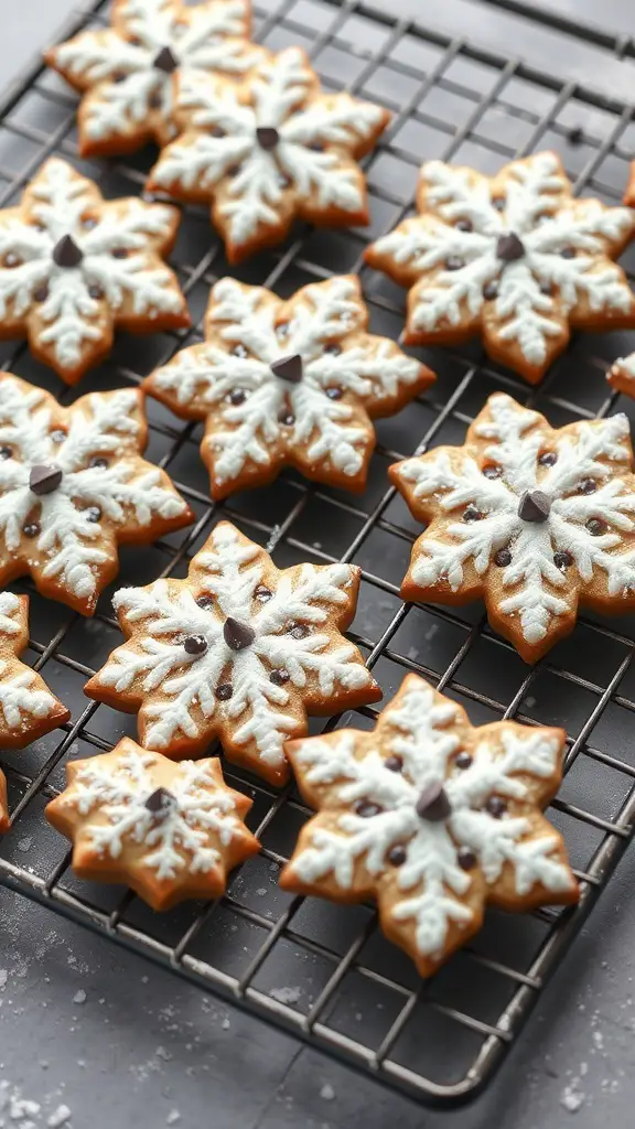A tray of beautifully decorated snowflake-shaped cookies with white icing and chocolate chips.