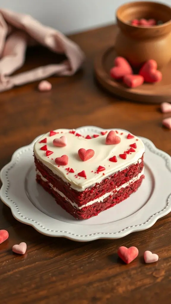 A heart-shaped red velvet bento cake with white frosting and heart decorations on a plate.