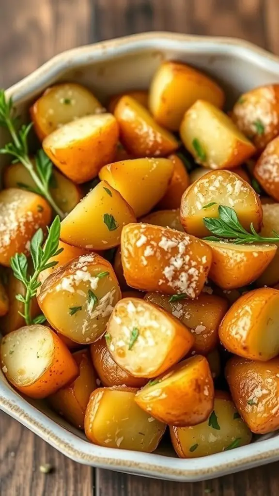 A bowl of garlic parmesan roasted potatoes garnished with herbs.