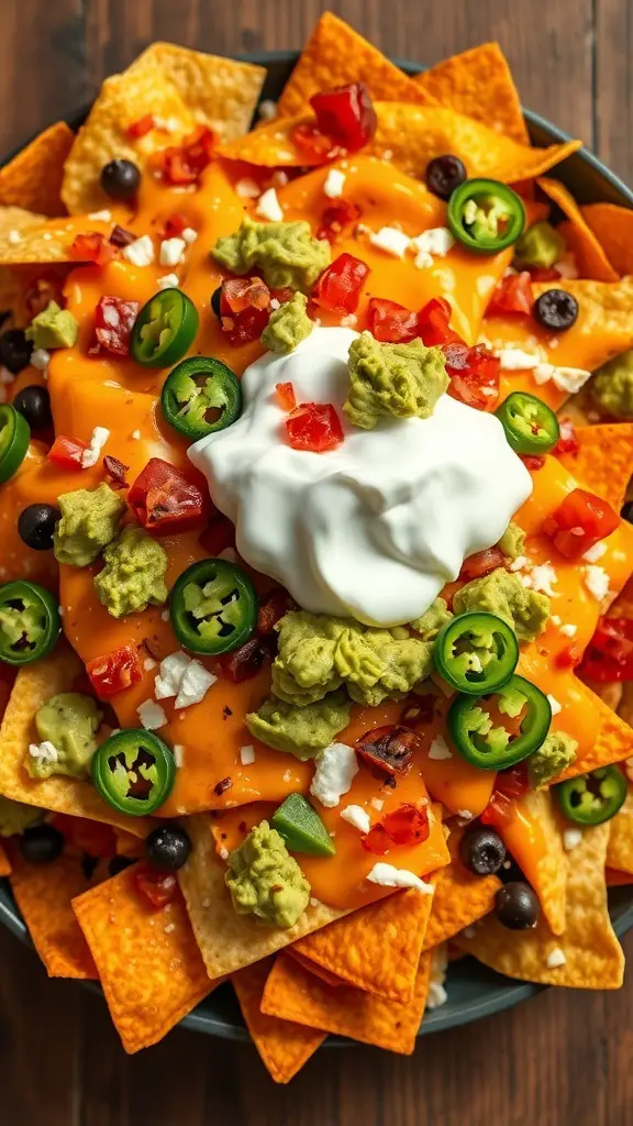 A bowl of loaded nachos topped with cheese, guacamole, jalapeños, and sour cream.