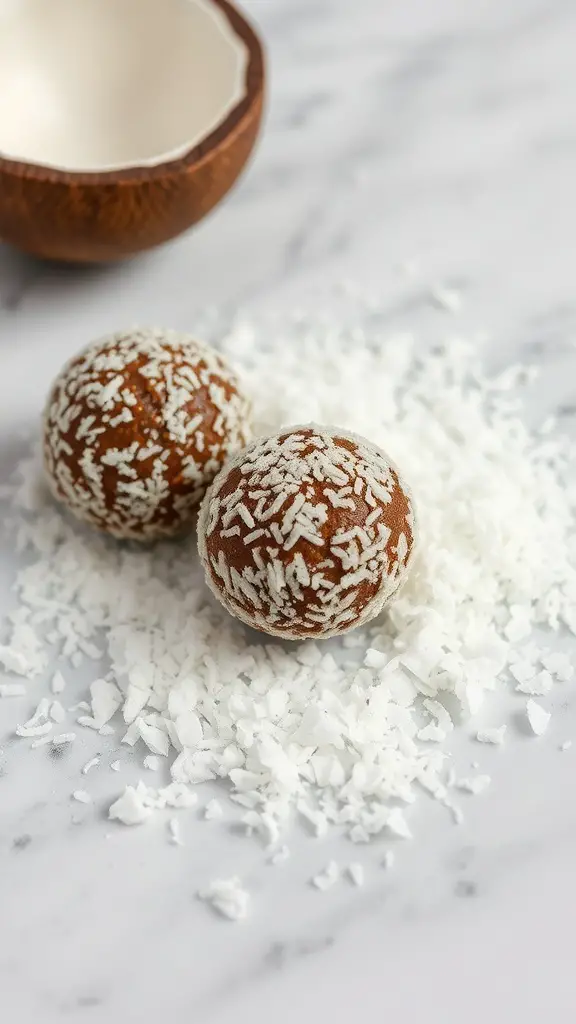 Two cocoa coconut protein balls surrounded by shredded coconut on a marble surface.