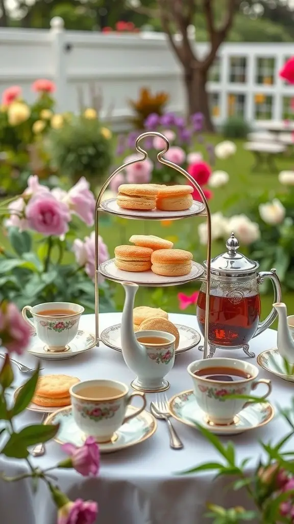 A beautifully arranged high tea setup with scones, tea, and floral decorations in a garden.