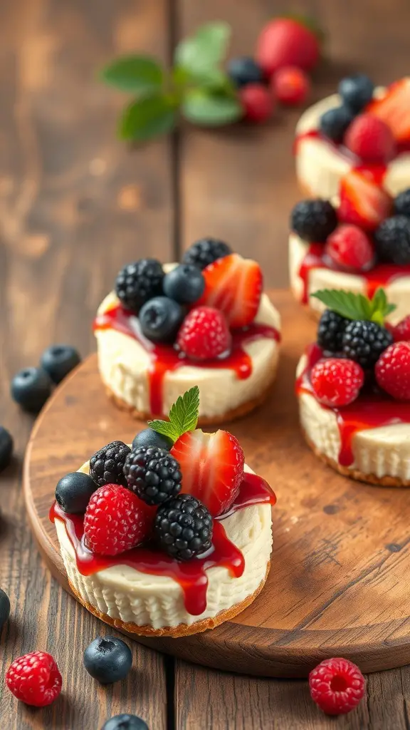Mini cheesecakes topped with assorted berries on a wooden platter