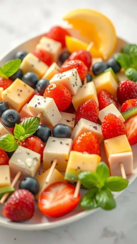 Colorful fruit and cheese kabobs on a plate
