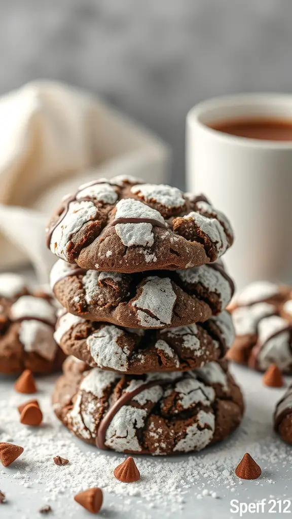 A stack of chocolate crinkle cookies with powdered sugar on top and chocolate chips scattered around.