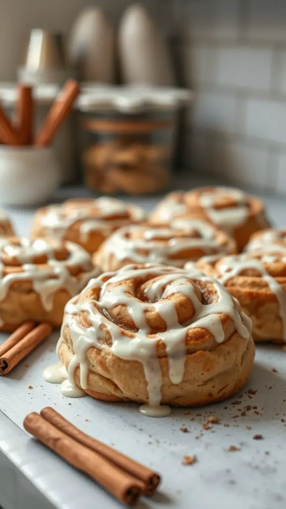 Freshly baked cinnamon roll cookies with icing and cinnamon sticks