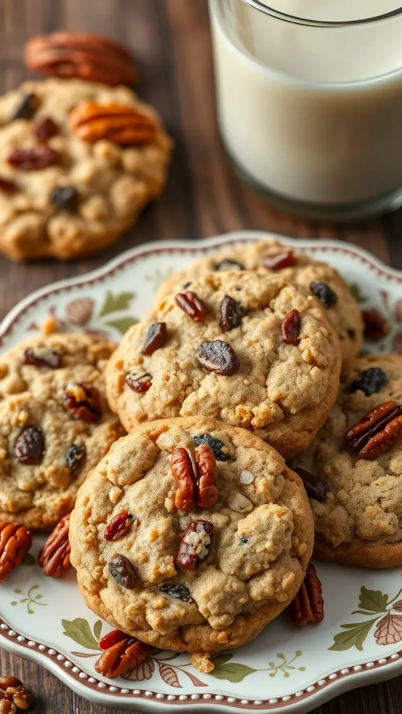 A plate of oatmeal raisin cookies with pecans, accompanied by a glass of milk.