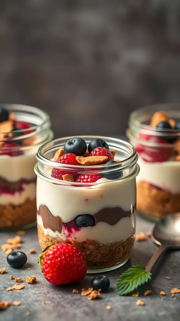 No-bake cheesecake jars with layers of cheesecake filling, graham cracker crust, and topped with strawberries and blueberries.