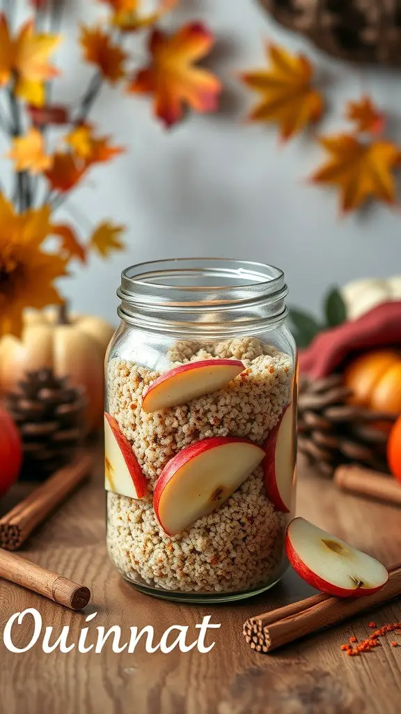 A jar of apple cinnamon overnight quinoa with apple slices and cinnamon sticks, surrounded by autumn leaves.