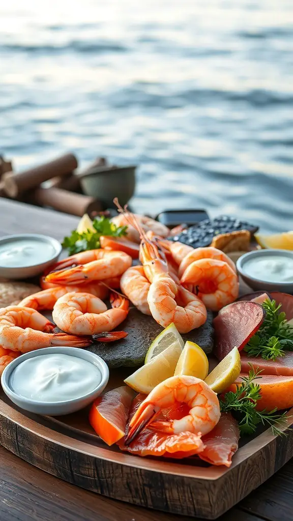 A coastal seafood charcuterie board featuring shrimp, smoked salmon, lemon slices, and dipping sauces.