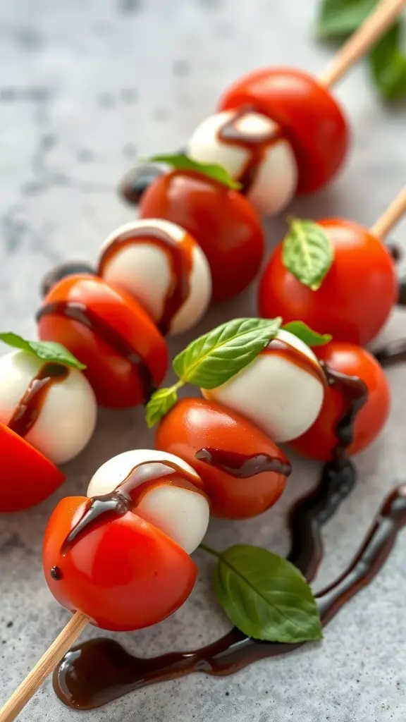 Mini Caprese skewers with cherry tomatoes, mozzarella balls, and basil drizzled with balsamic glaze.