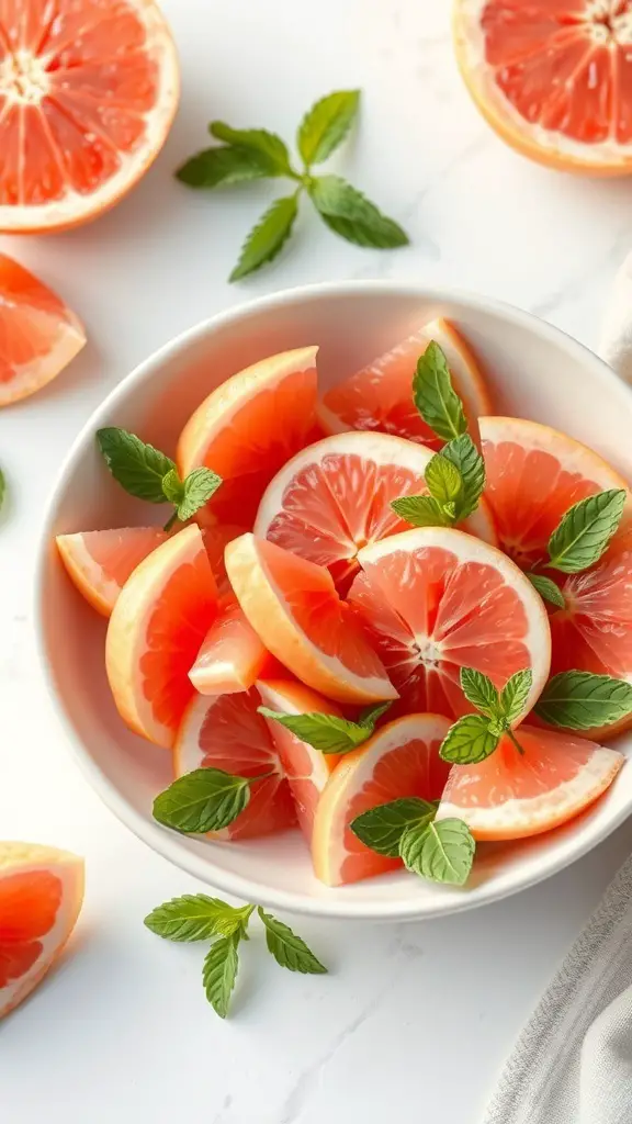 A bowl of pink grapefruit slices garnished with fresh mint leaves.