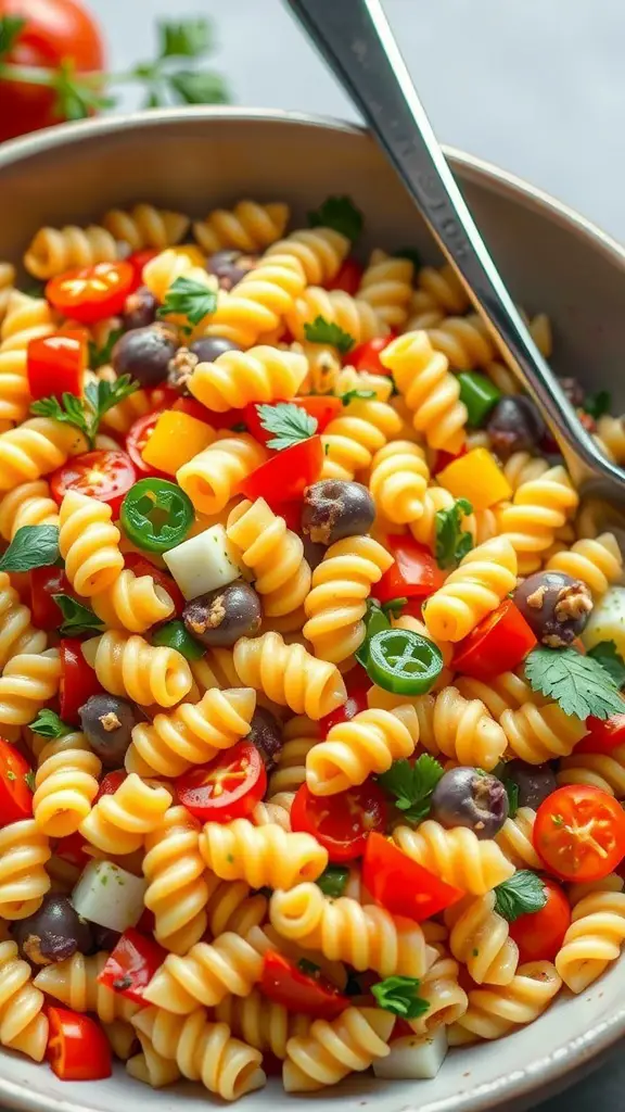 A colorful bowl of pasta salad with seasonal veggies.