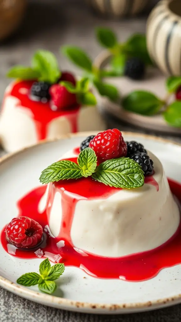 A plate of panna cotta topped with berry sauce and fresh mint leaves.