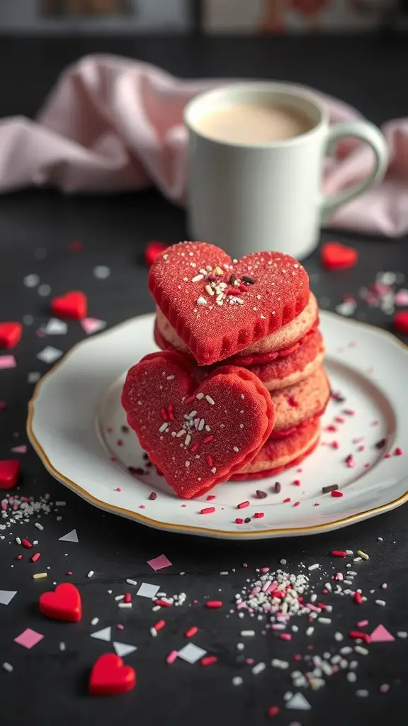 A stack of heart-shaped red velvet cookies on a plate, surrounded by colorful sprinkles and a cup of coffee.