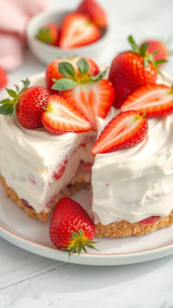 A delicious strawberry yogurt poke cake topped with fresh strawberries