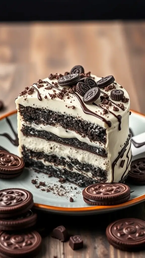 A slice of Cookies and Cream Cake with Oreo crumbles on a plate, surrounded by whole Oreos.
