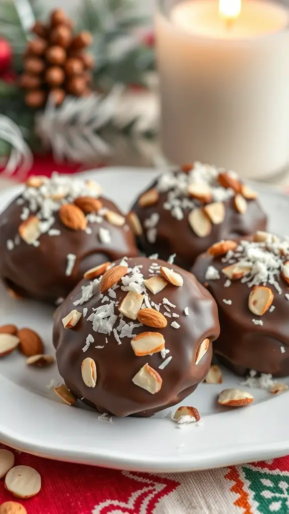 Plate of Almond Joy Cookies topped with chocolate, almonds, and coconut