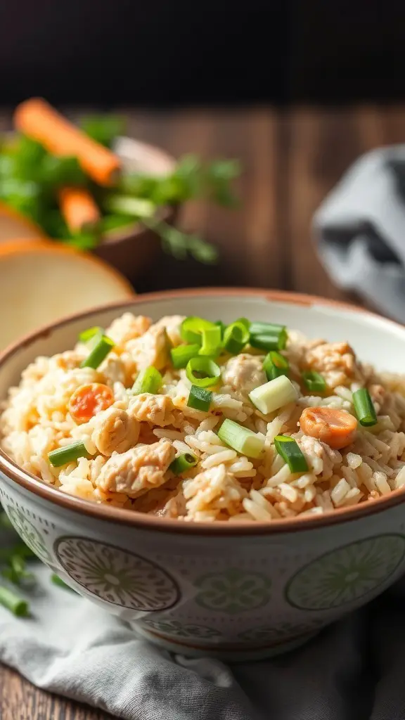 A bowl of slow cooker chicken and rice topped with green onions and carrots.