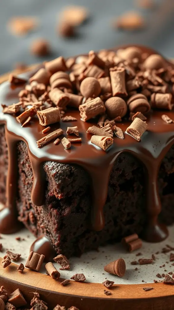 A close-up of a chocolate poke cake topped with chocolate ganache and shavings.