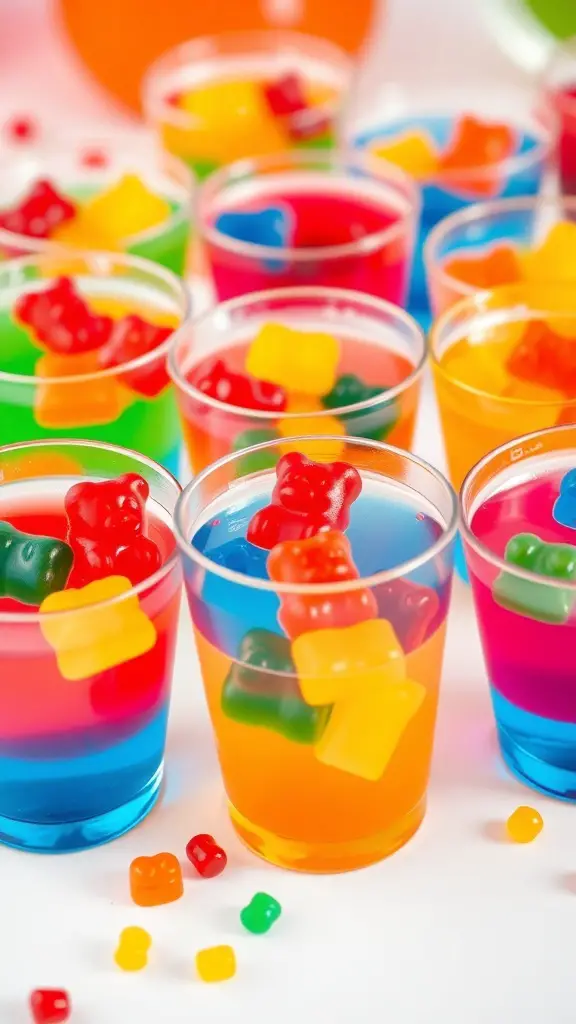 Colorful Jello cups with gummy bears on top