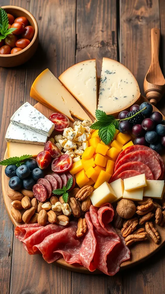A beautifully arranged charcuterie board with various cheeses, meats, fruits, and nuts on a wooden surface.