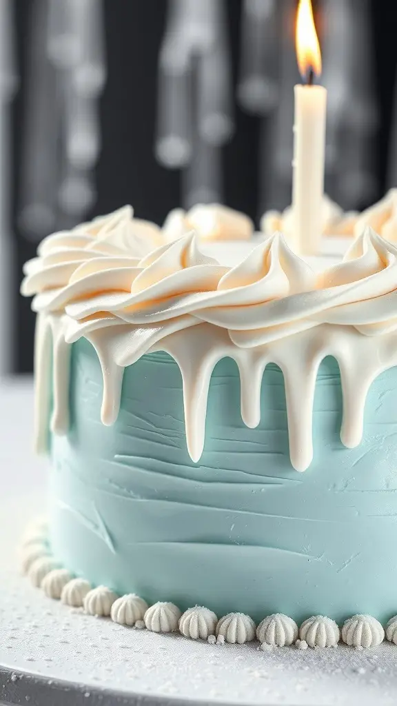 A beautifully decorated winter onederland cake with delicate icing icicles and a lit candle on top.