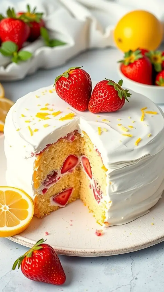 A Lemon Strawberry Poke Cake with strawberries and lemon slices on a wooden platter.