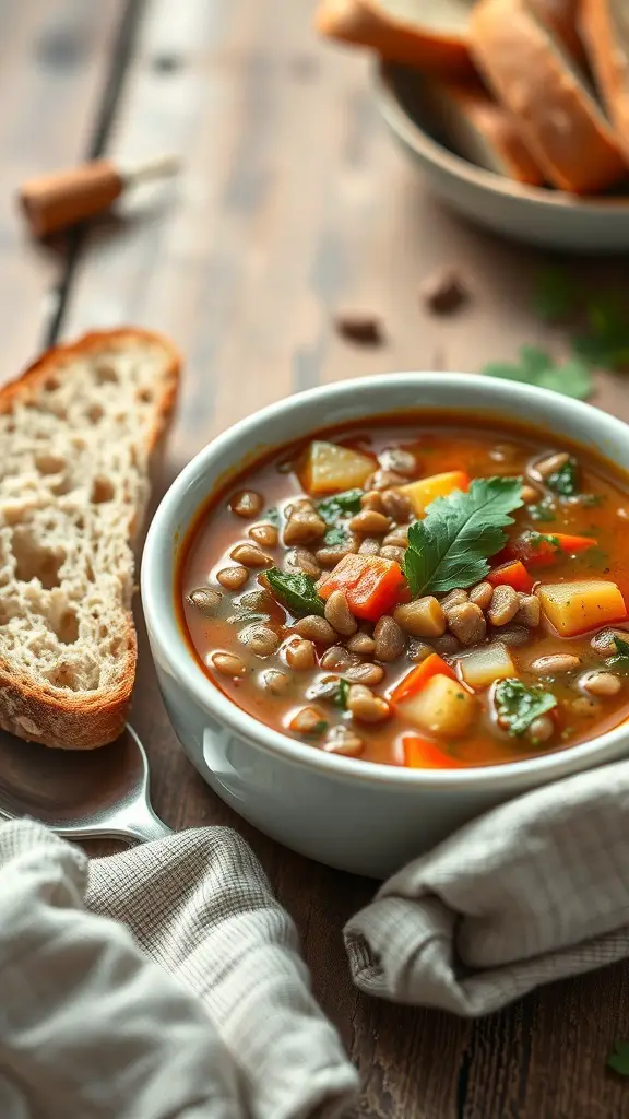 A bowl of lentil and vegetable soup with bread on the side