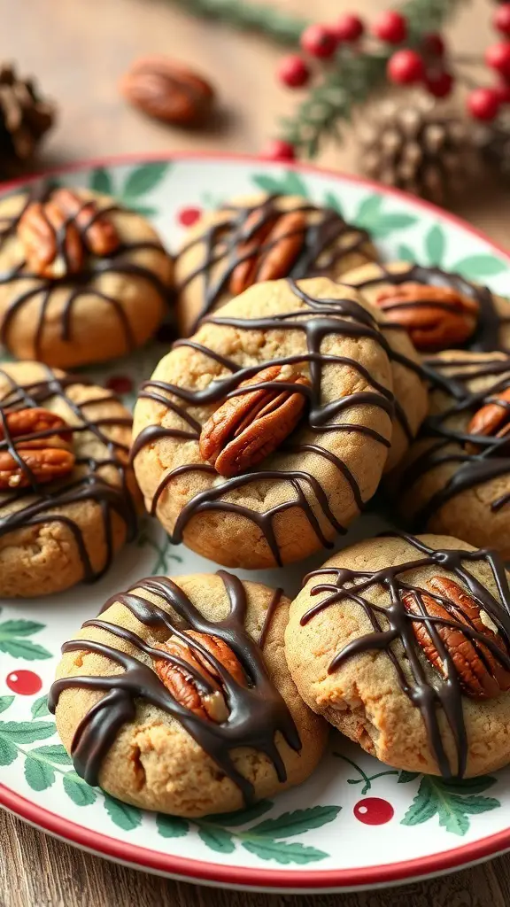 A plate of caramel pecan turtle cookies topped with pecans and drizzled with chocolate.