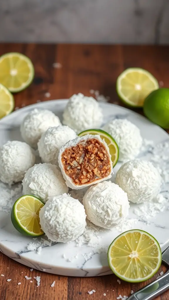 A plate of coconut lime truffles with lime slices