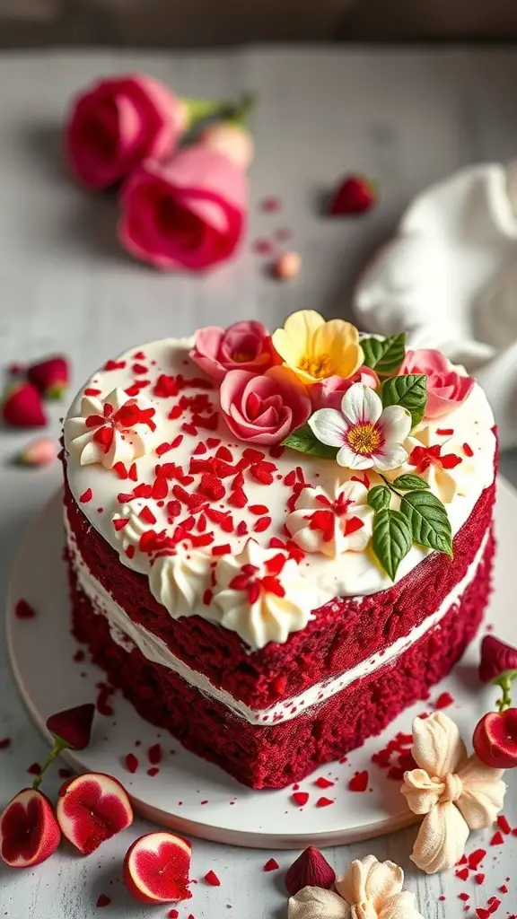 A heart-shaped red velvet cake decorated with flowers and red sprinkles