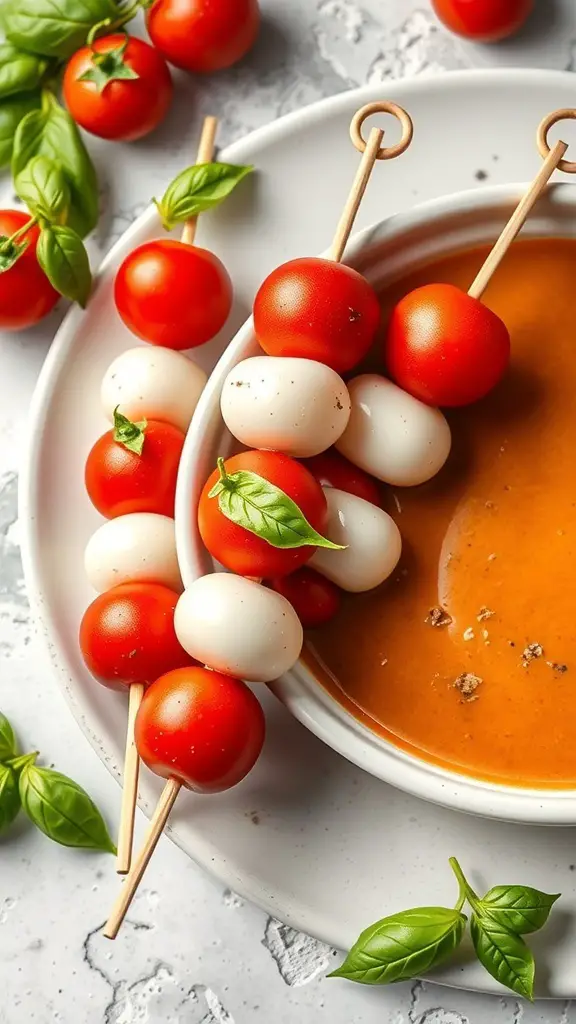 Caprese salad skewers with cherry tomatoes, mozzarella balls, and fresh basil, served with a bowl of soup.