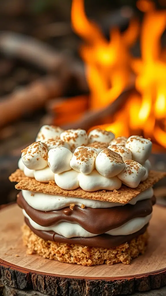 A s'mores inspired bento cake with layers of graham cracker, chocolate, and marshmallow, set against a warm, glowing fire.