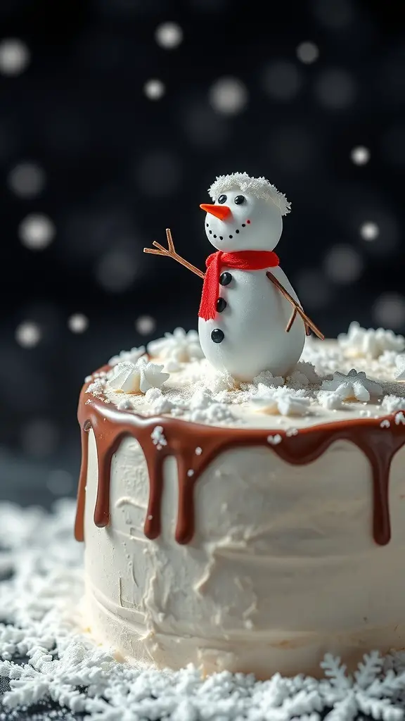 A cake topped with a fondant snowman wearing a red scarf, surrounded by edible snowflakes.