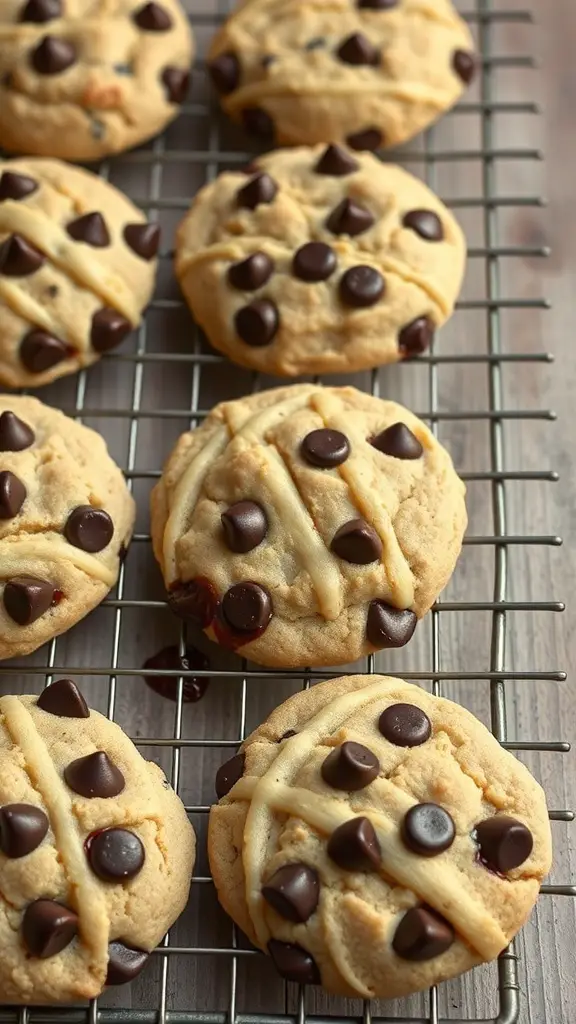 Freshly baked coconut flour chocolate chip cookies cooling on a wire rack