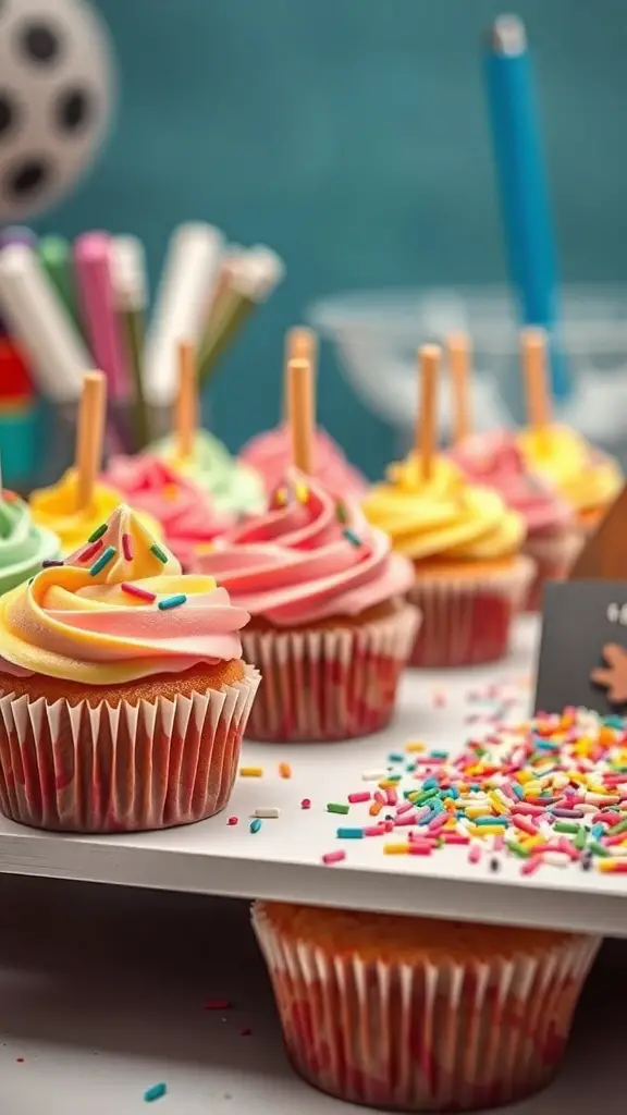 Colorful cupcakes with frosting and sprinkles on a decorating station