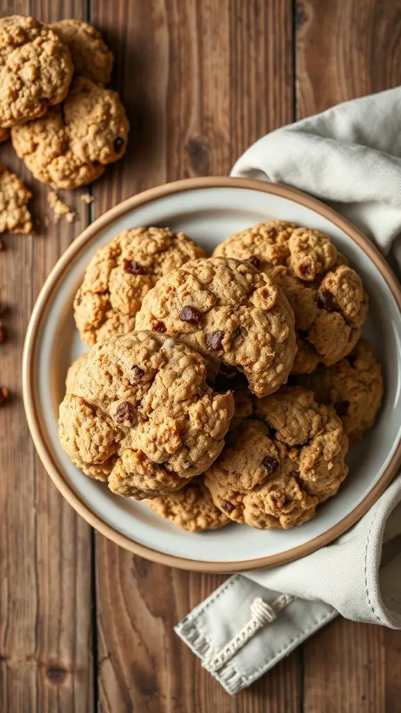 A plate of freshly baked oatmeal raisin cookies on a wooden table.