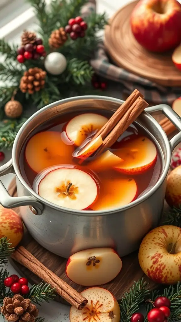 A pot of cinnamon hot apple punch with apple slices and cinnamon sticks, surrounded by festive decorations.