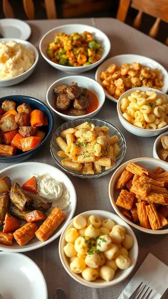 A variety of comforting side dishes including pasta, mashed potatoes, roasted vegetables, and pastries.