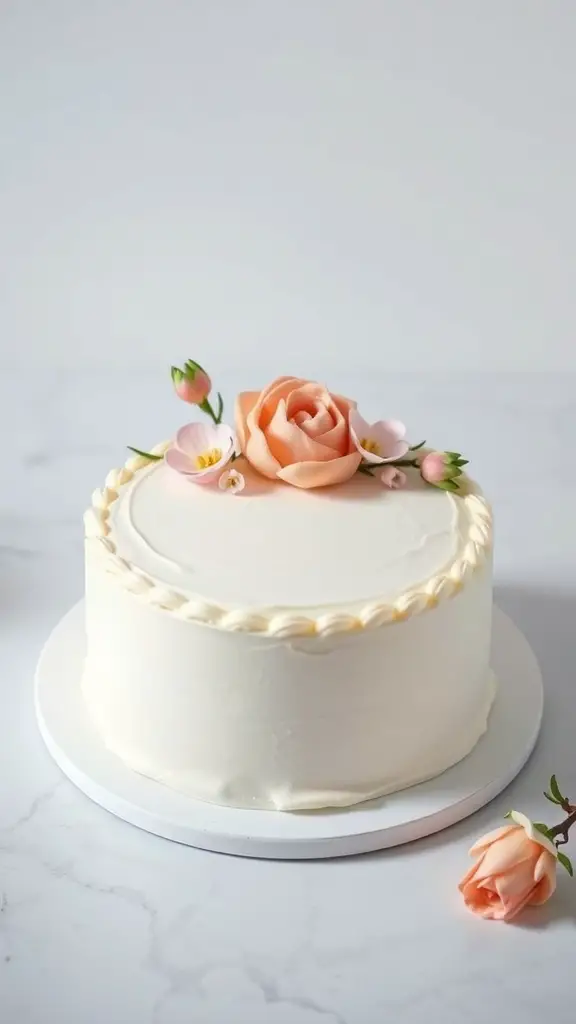 A classic vanilla bean bento cake with smooth white frosting and delicate flower decorations.